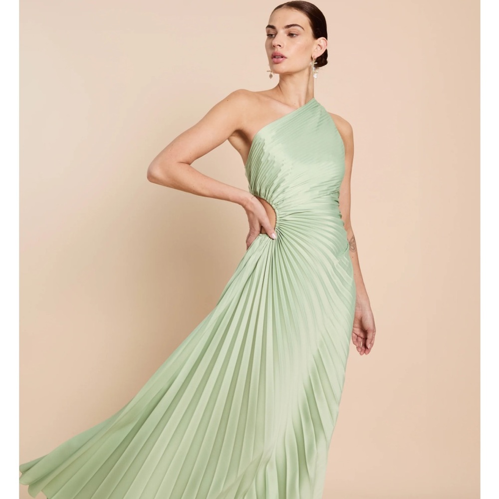 One-Shoulder Silky Pleated Sage Dress